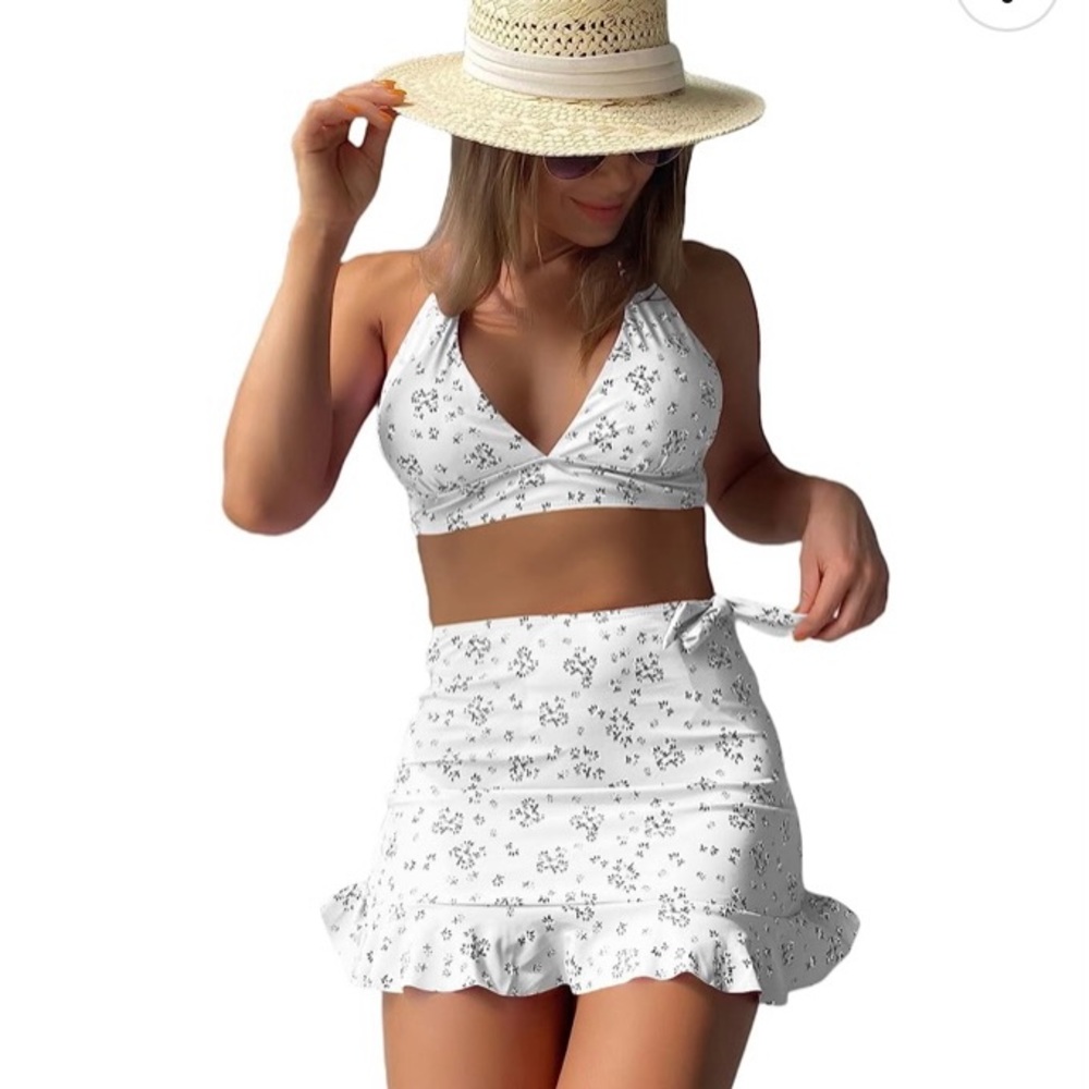 Women's Floral 3 Piece Bathing Suit Halter Bikini Swimsuit with Cover Up Skirt